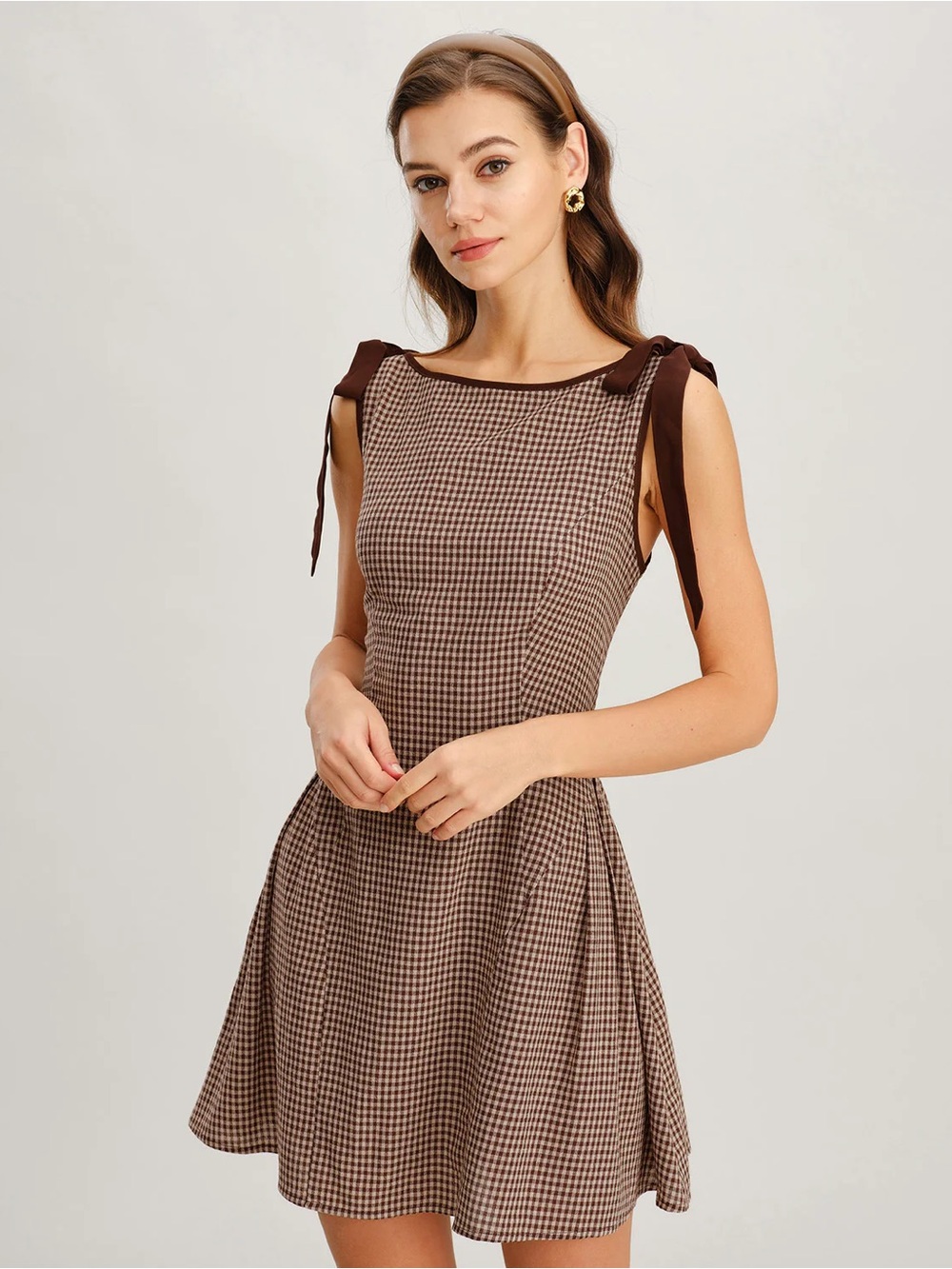 Rihoas Brown Gingham Tie-Shoulder A-Line Dress